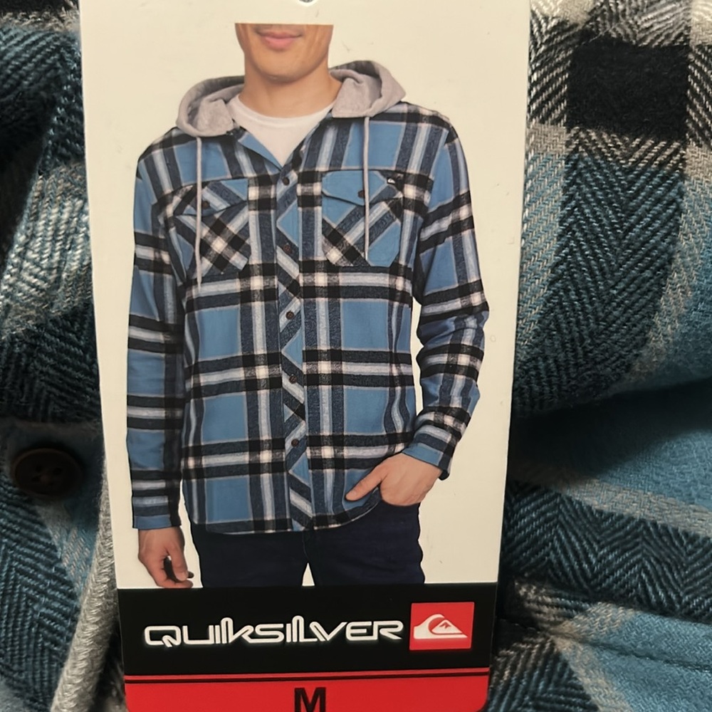 Quiksilver Blue Plaid Hooded Shirt size M, NWT
